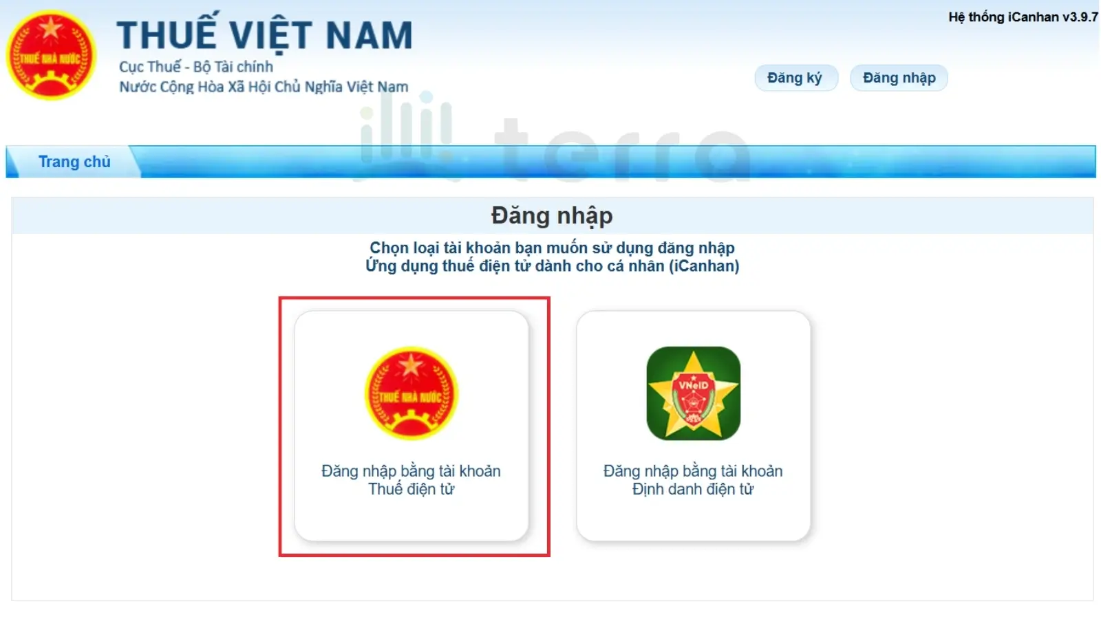 Đăng nhập bằng tài khoản Thuế điện tử