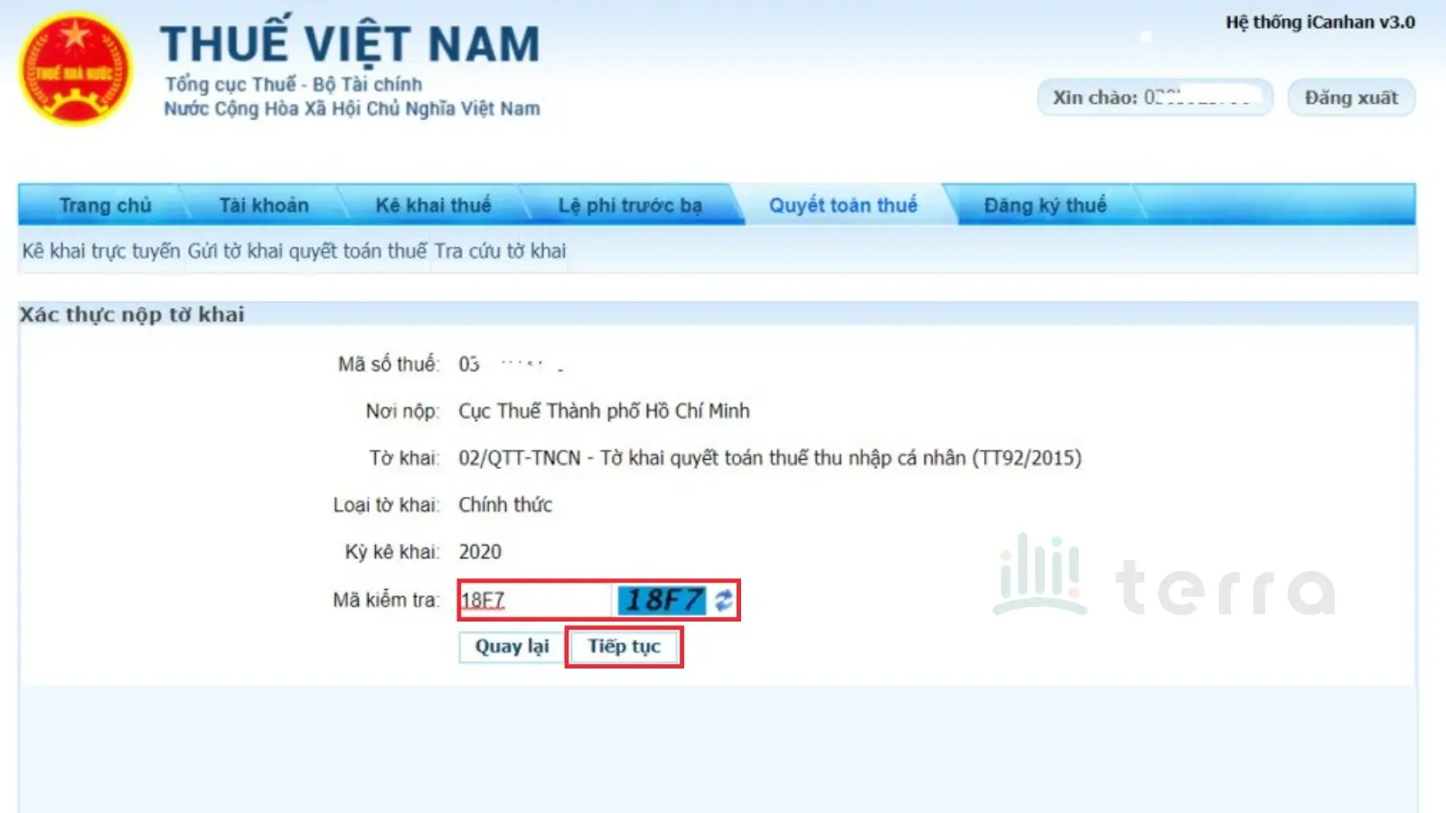 Nhập mã kiểm tra