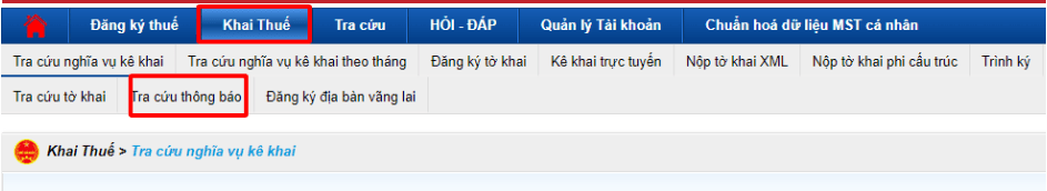 Chọn Khai thu&ecirc; v&agrave; chọn tiếp Tra cứu th&ocirc;ng b&aacute;o
