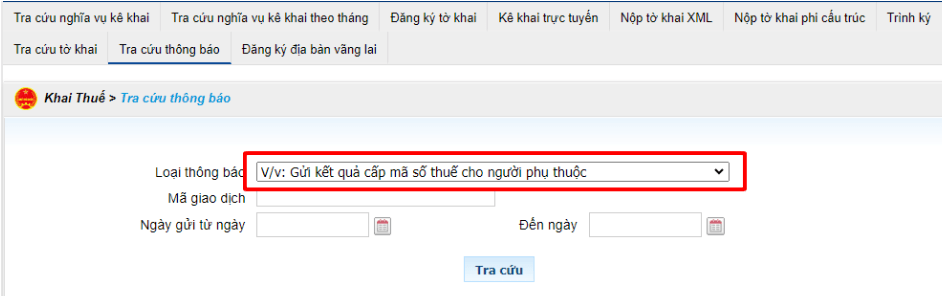 T&igrave;m kiếm v&agrave; chọn gửi kết quả cấp m&atilde; số thuế cho người phụ thuộc