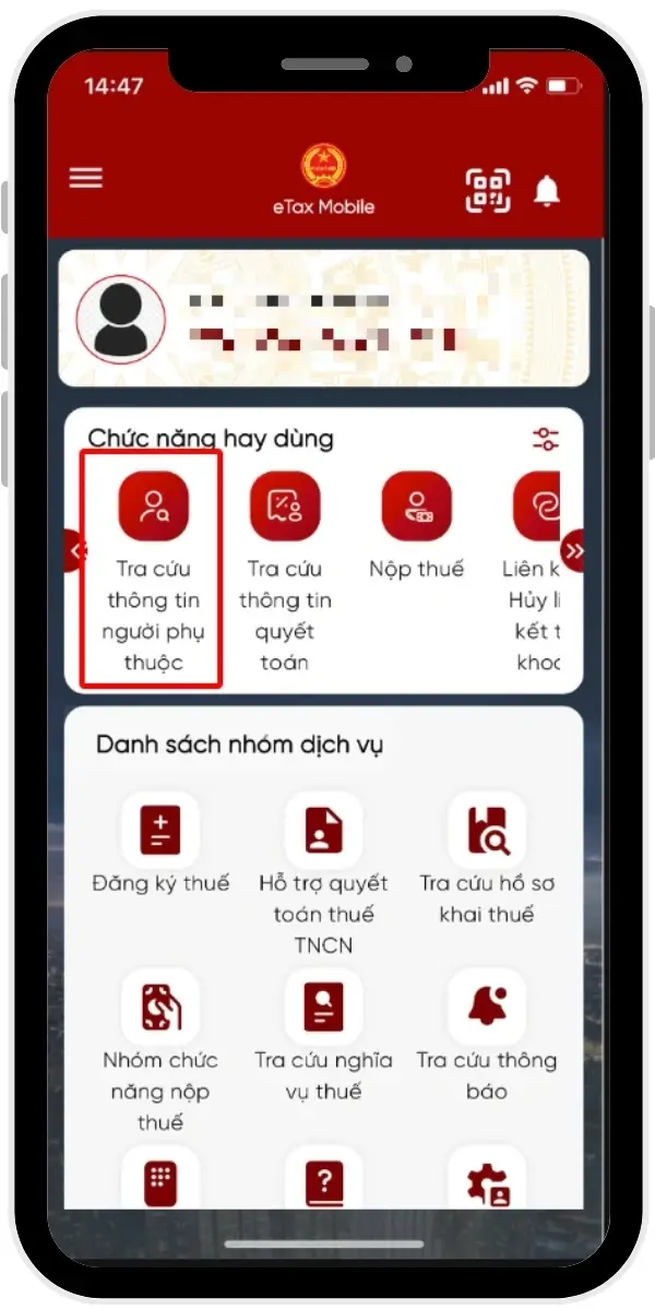 Giao diện trang chủ ứng dụng eTax Mobile
