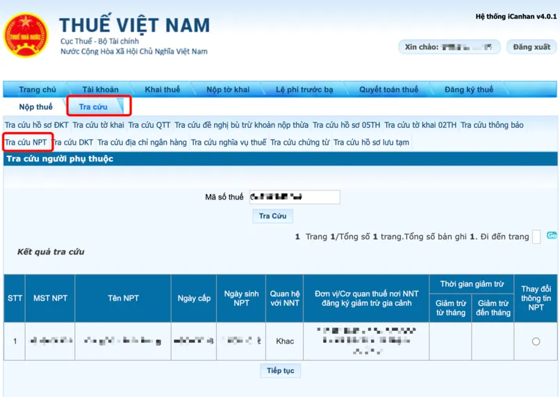 Th&ocirc;ng tin m&atilde; số thuế người phụ thuộc hiện ra k&egrave;m theo c&aacute;c th&ocirc;ng tin li&ecirc;n quan