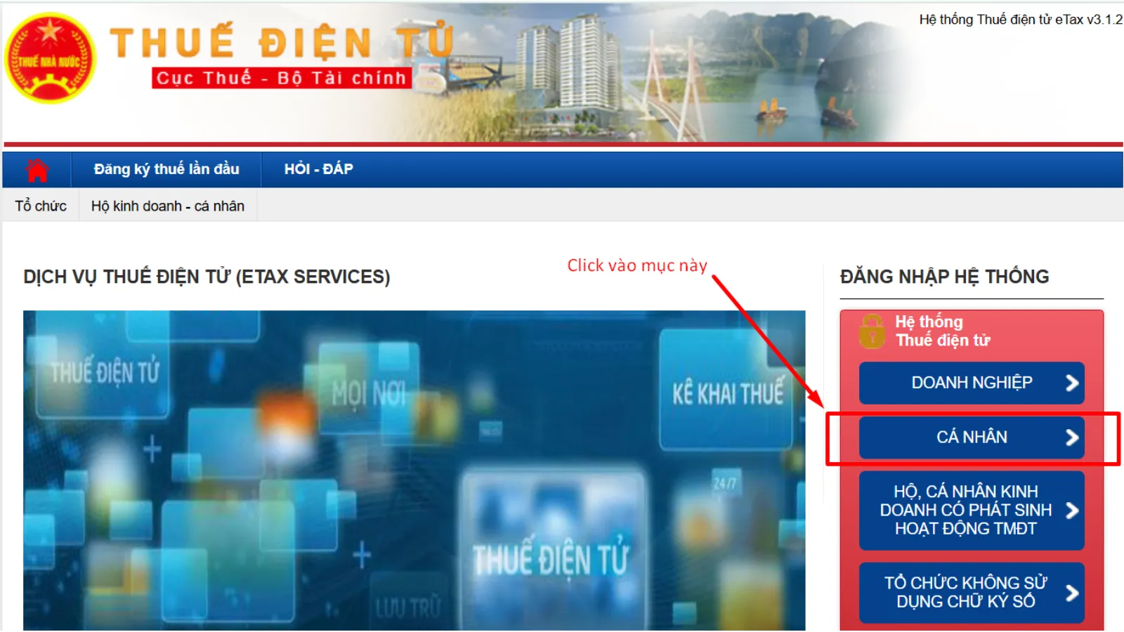 Vào website thuế điện tử và chọn CÁ NHÂN