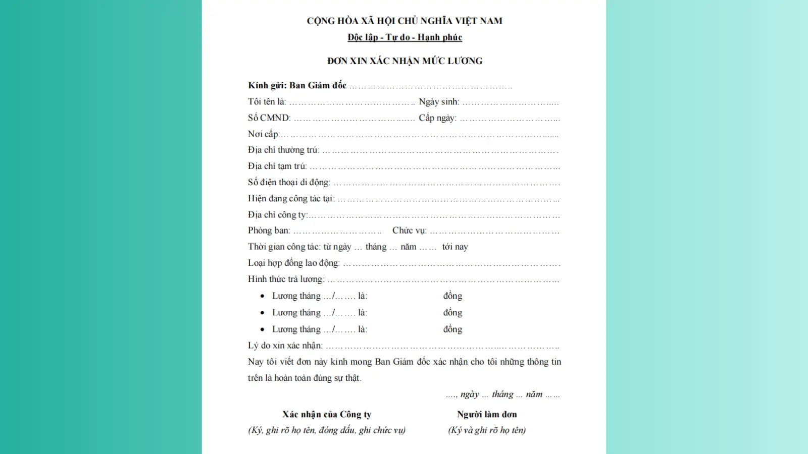 Ảnh minh họa Mẫu xác nhận lương số 04 Dùng để xin Visa