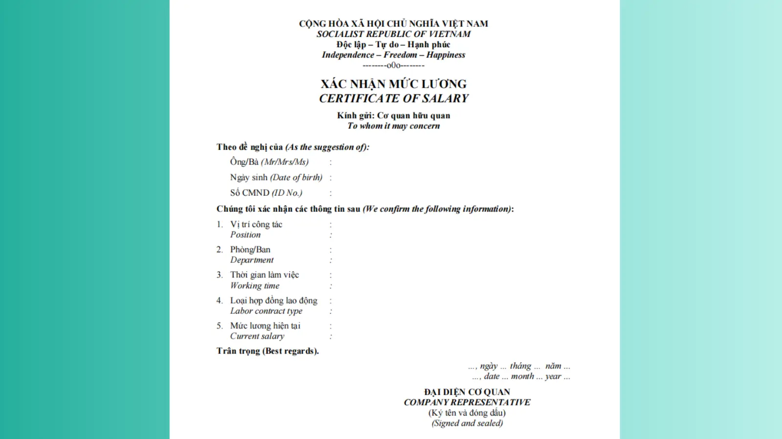 Ảnh minh họa Mẫu xác nhận lương song ngữ Việt Anh