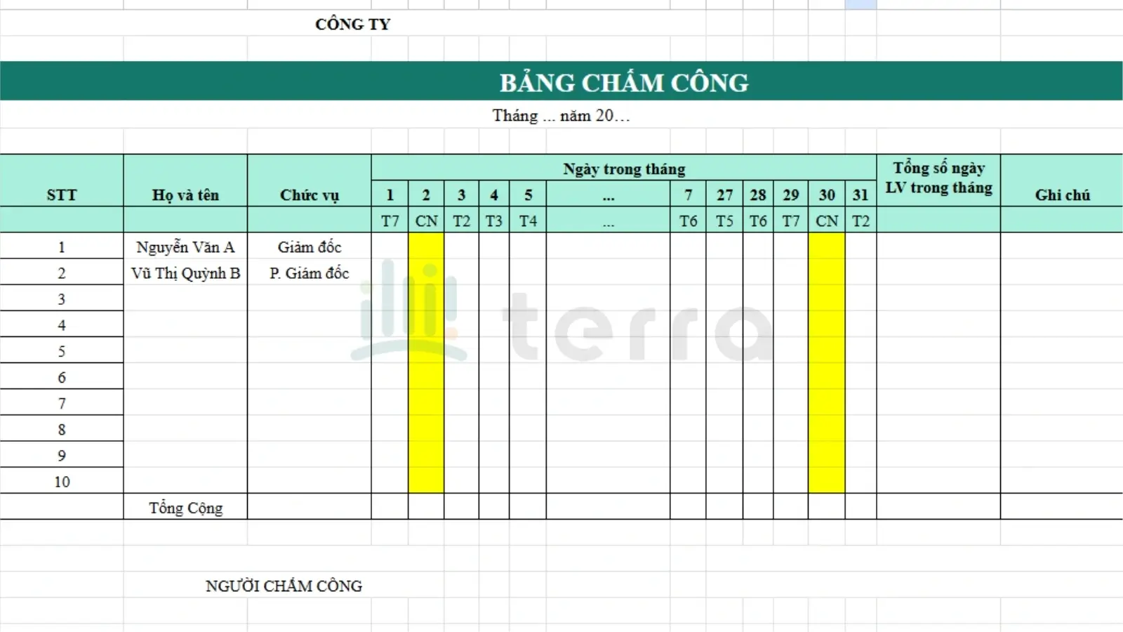 Bảng chấm công hàng ngày (cập nhật mới nhất)