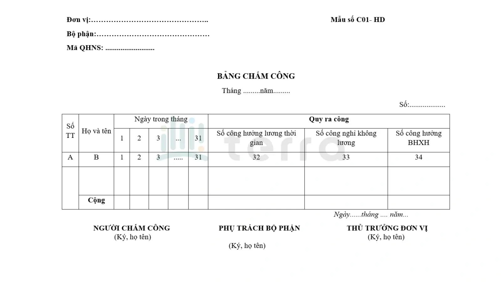 Bảng chấm công theo Thông tư 133