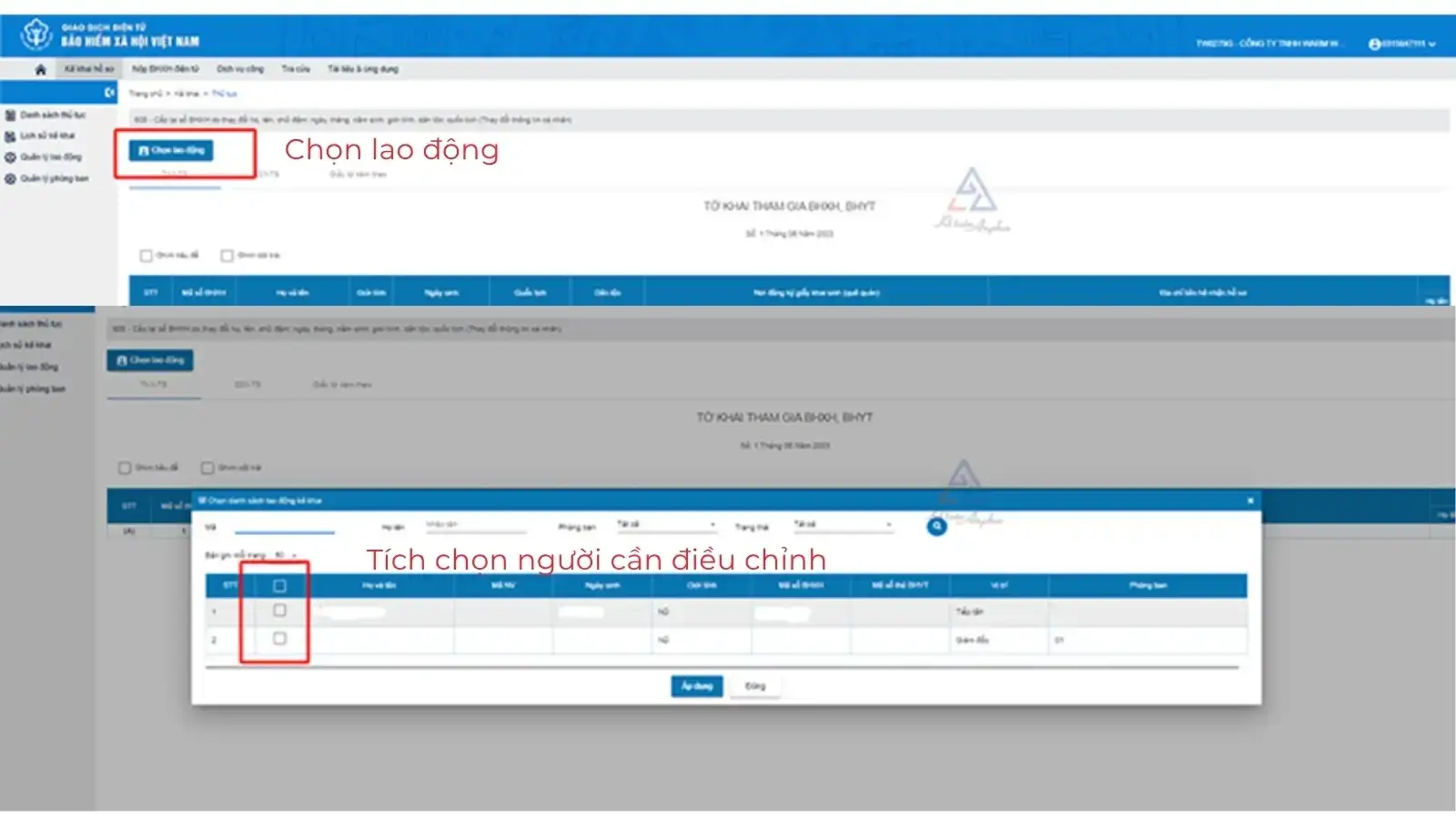 Chọn lao động cần điều chỉnh thông tin từ danh sách