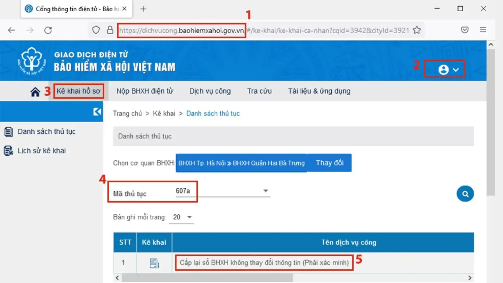 Chọn thủ tục 607A trên website
