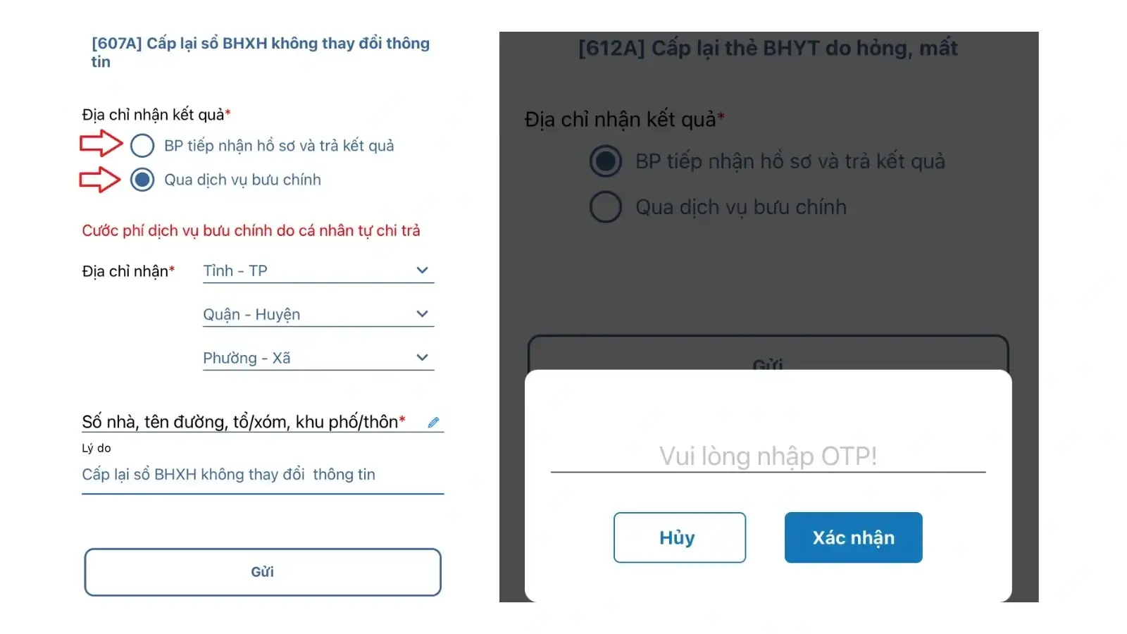 Điền địa chỉ nhận và gửi hồ sơ