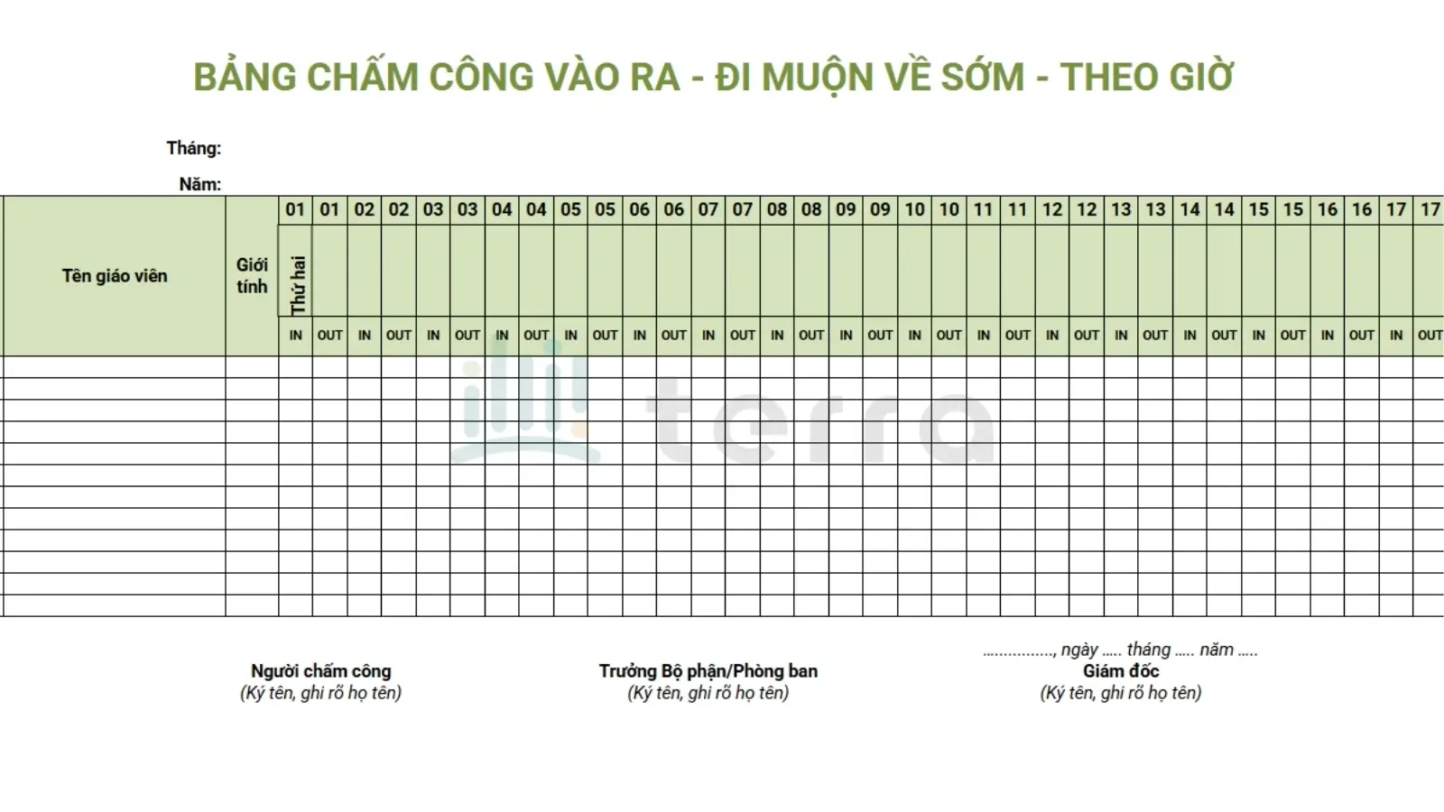 Mẫu bảng chấm công giáo viên theo thời gian ra vào