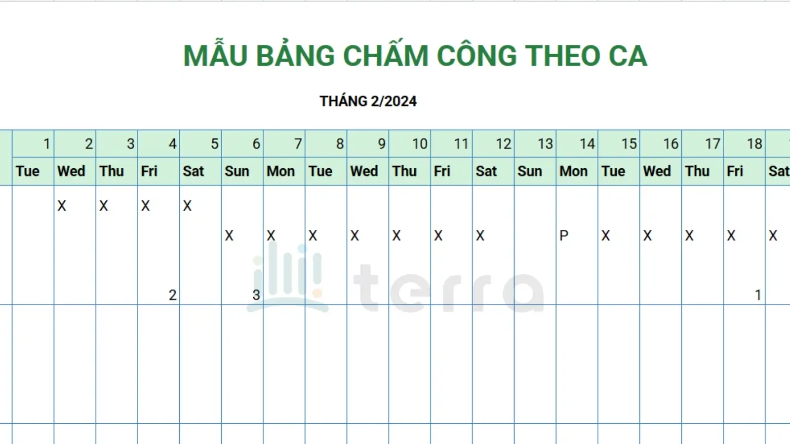 Mẫu bảng chấm công tính theo ca làm việc