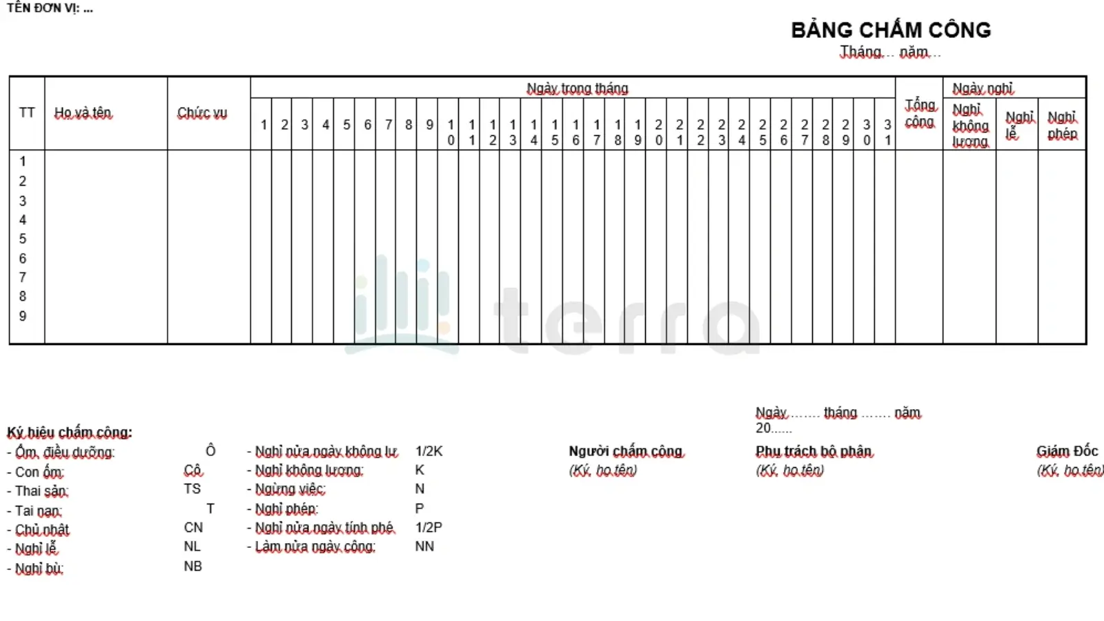 Mẫu chấm công hàng ngày trong Word (phiên bản 2025)