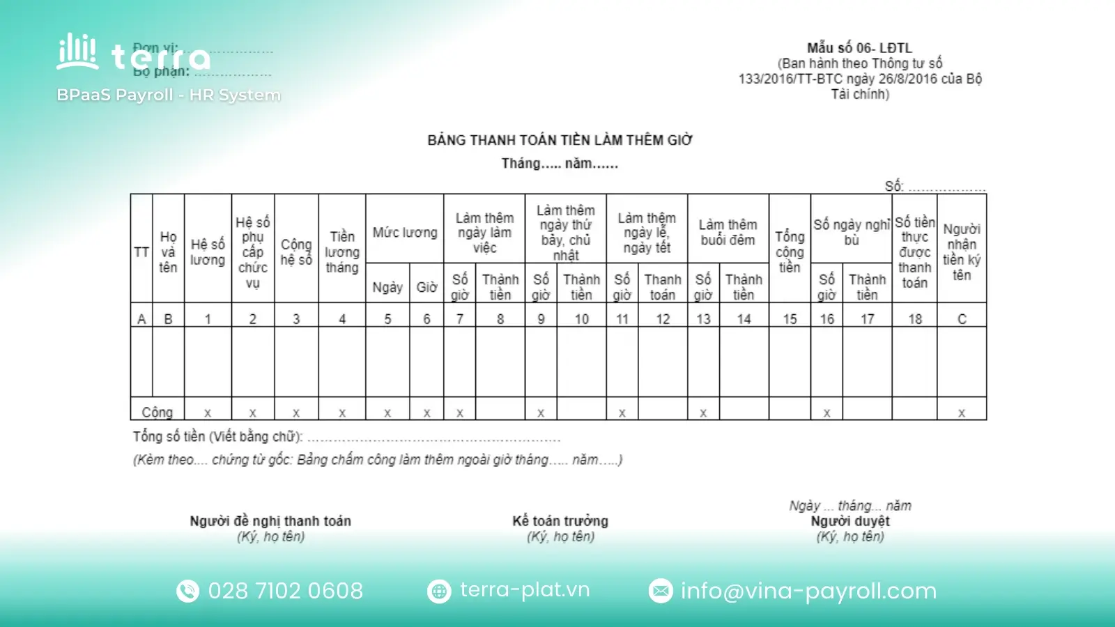 Mẫu bảng tính lương tăngn ca theo thông tư 133