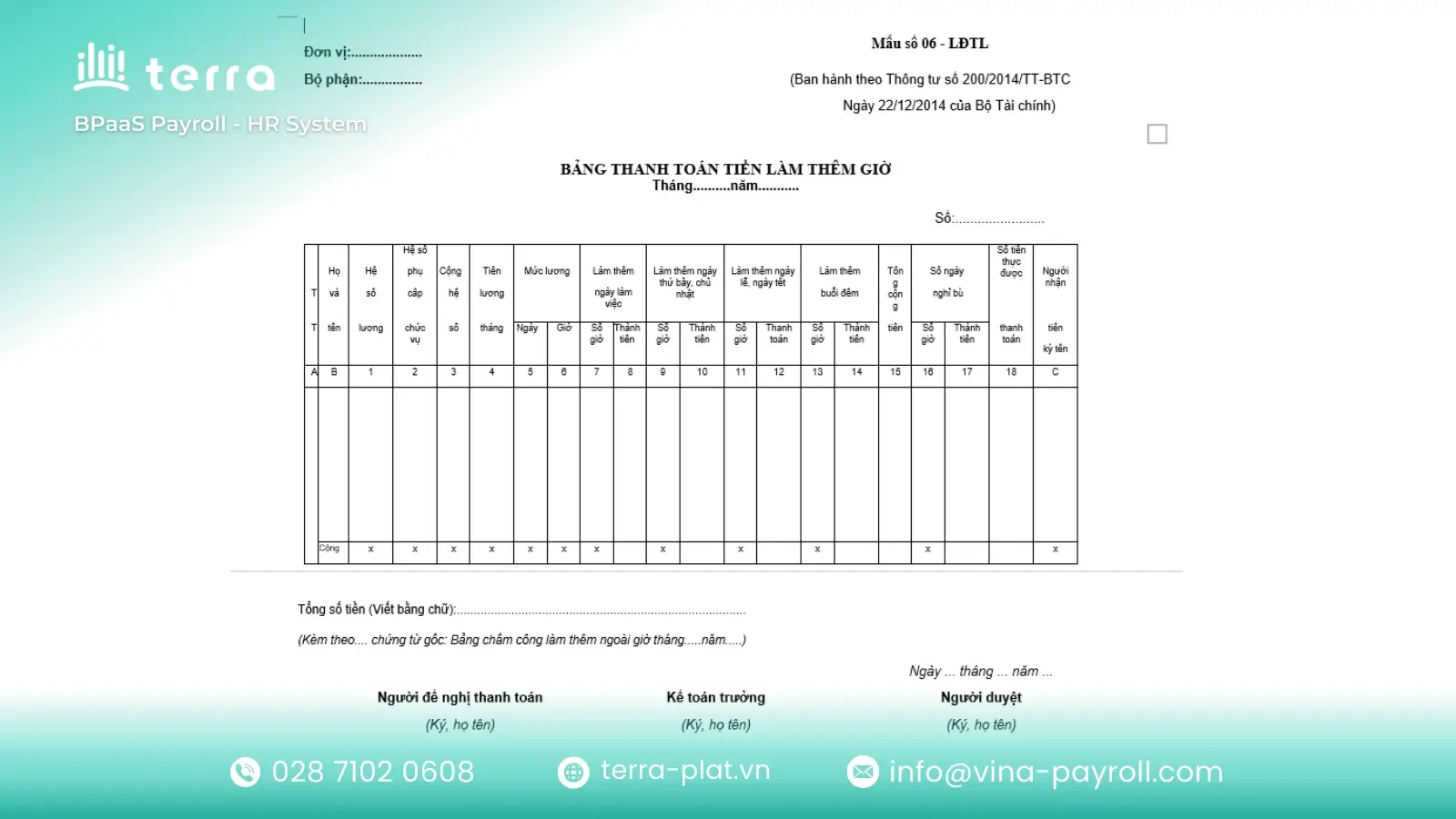 Mẫu bảng tính lương tăng ca, làm thêm giờ theo thông tư 200