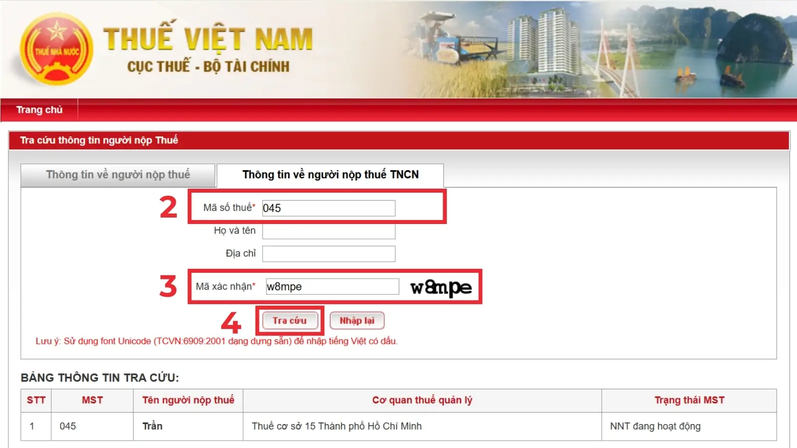 Kết quả tra cứu mã số thuế xuất hiện trên màn hình