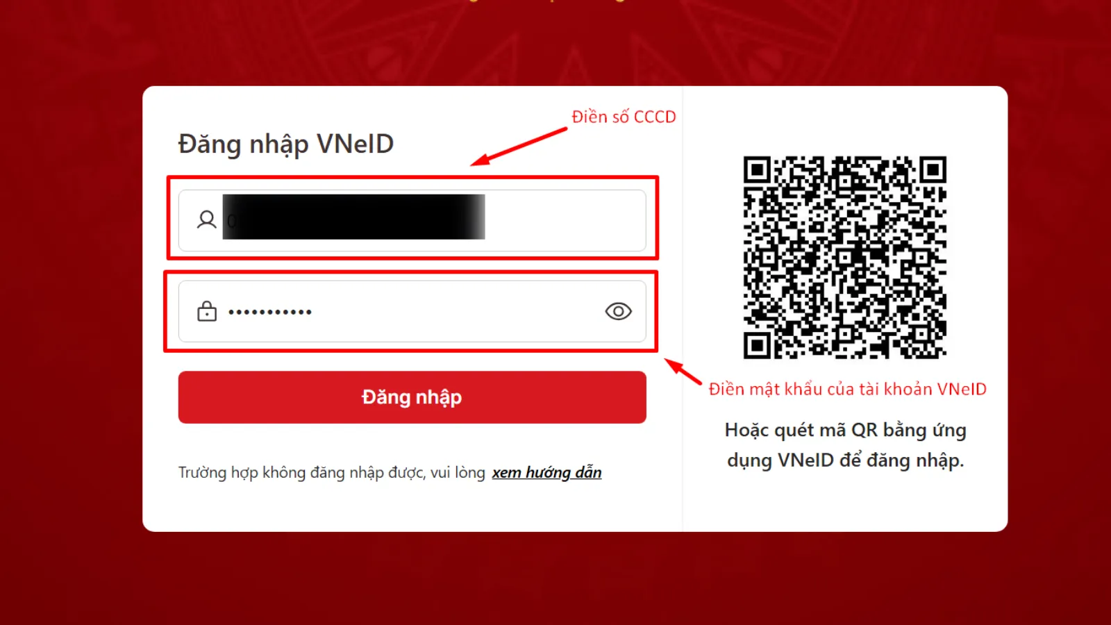 Điền thông tin CCCD và mật khẩu vào