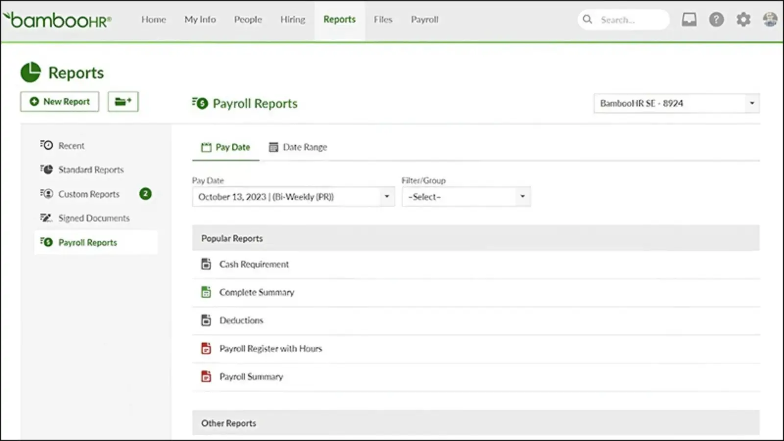 Bamboo payroll management software interface