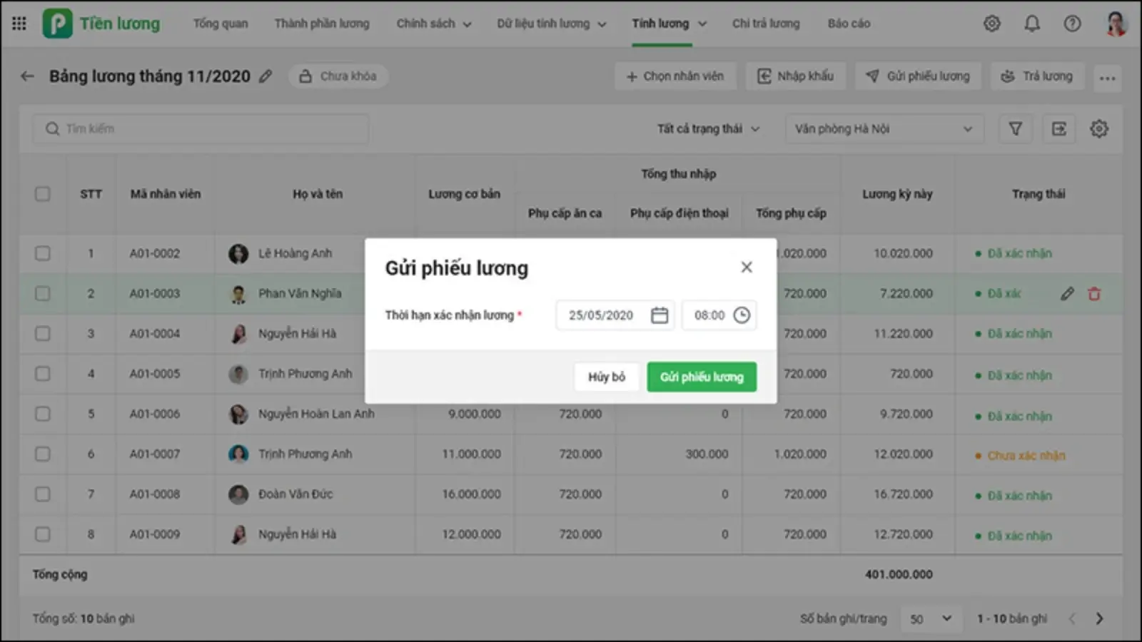 User interface of AMIS Payroll