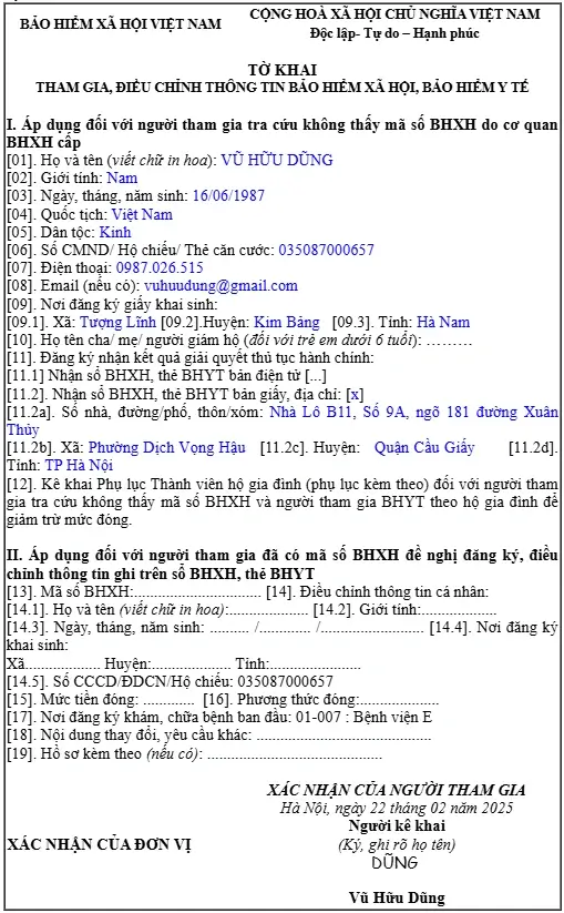 Mẫu tờ khai tham gia BHXH