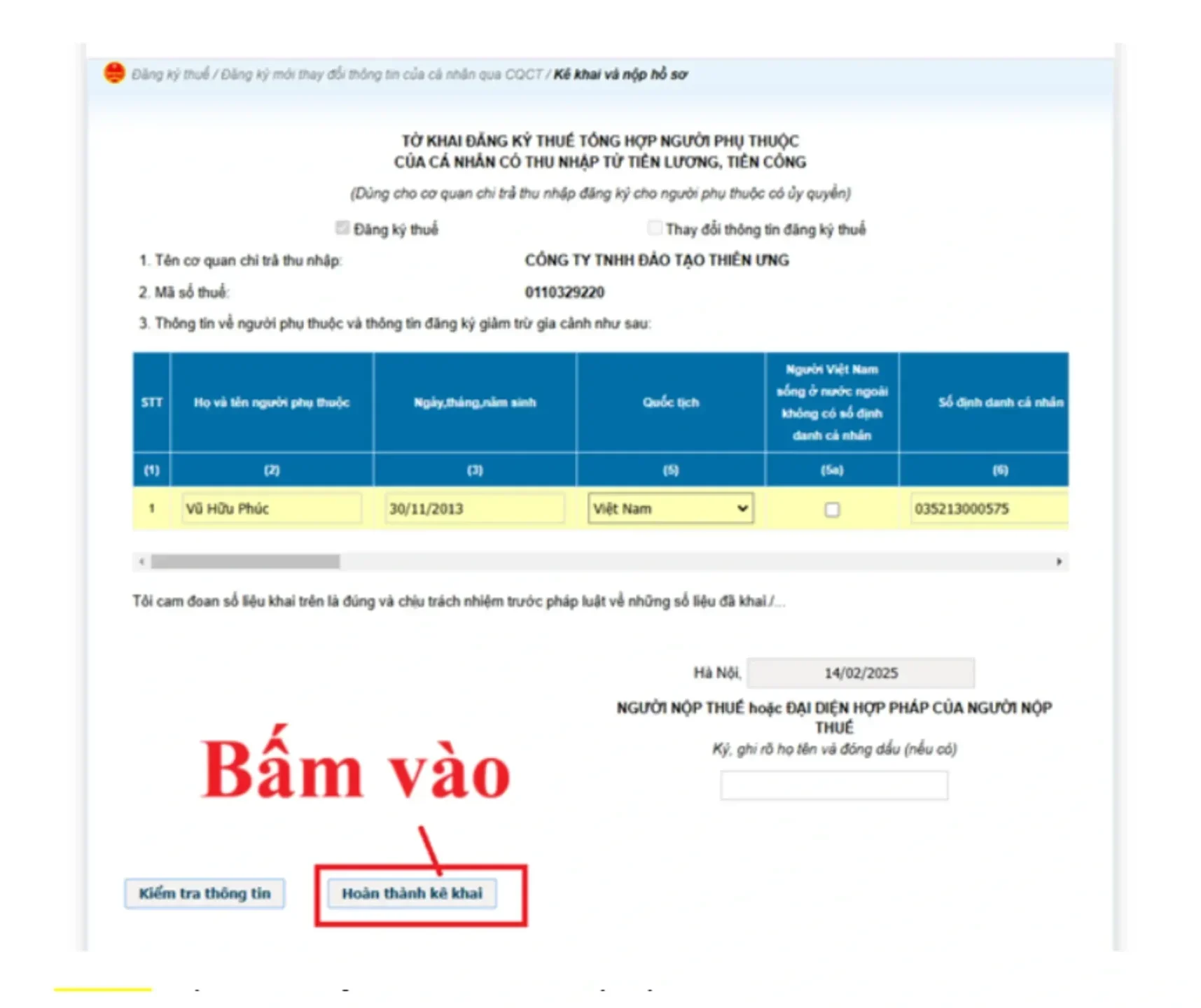 Bấm chọn hoàn thành kê khai trên màn hình