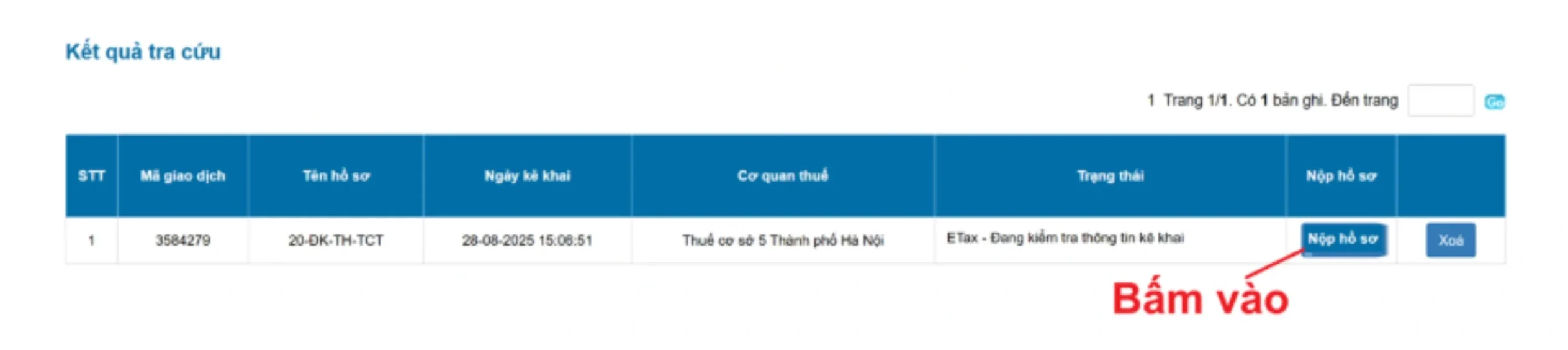 Bấm vào nộp hồ sơ tại kết quả tra cứu