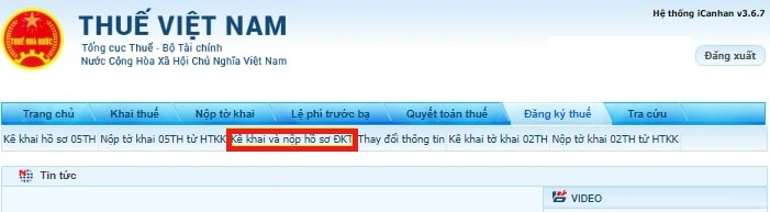 Chọn đăng ký thuế và mục "Kê khai và nộp hồ sơ ĐKT"